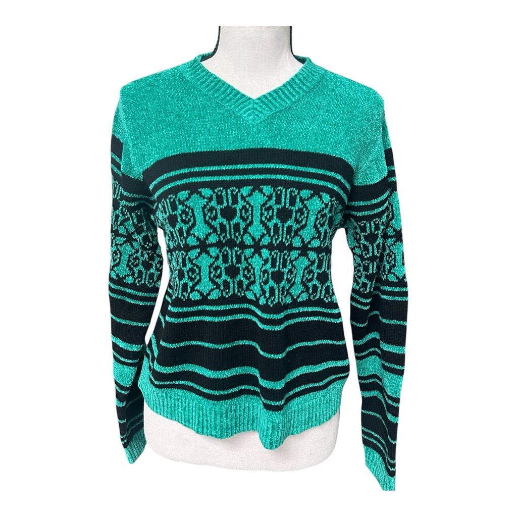 Vintage Amanda Smith Chenille Sweater Green Black Geometric Small
